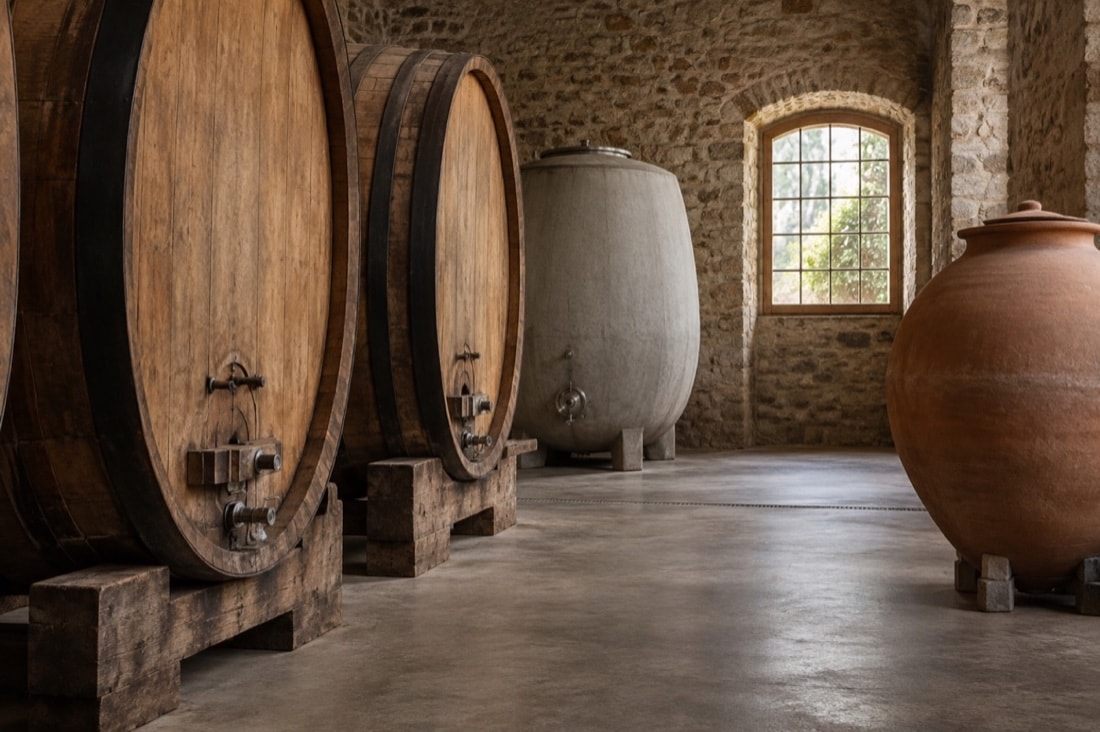 Old wooden casks, a concrete tank and a clay amphora in a stone wine cellar