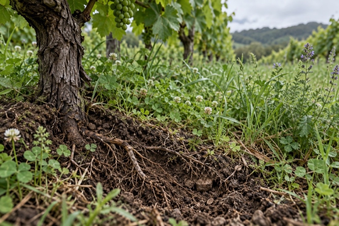 Living vineyard soil with clover, herbs and an established vine trunk