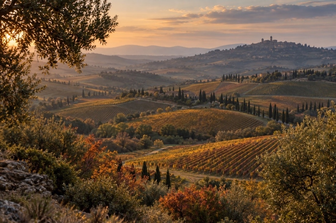 Autumn vineyards across the rolling hills around Montalcino