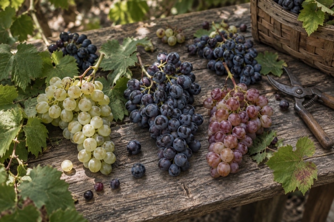 Pale, blue-black and rose-toned grape clusters on a wooden vineyard table