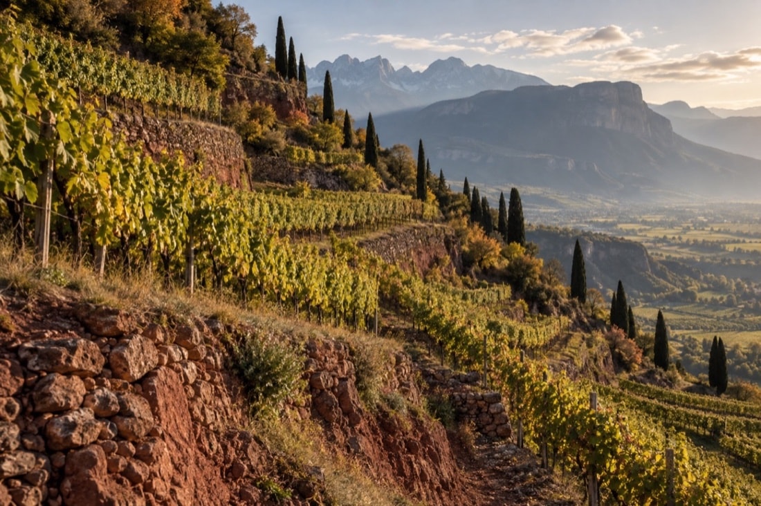 Vineyard terraces on a reddish rocky slope above the Bolzano basin